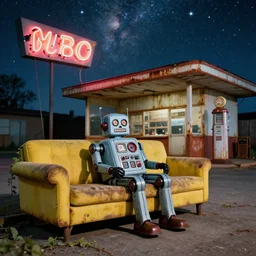 A 1960s era robot sitting on a faded yellow couch in front of a rusted and dilapidated gas station. The stars! of the Milky Way shine above a broken neon sign, ground is cracked with vines