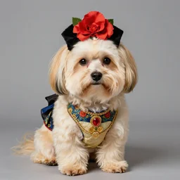 a cream colored havanese dog dressed as frida kahlo, portrait by frida kahlo