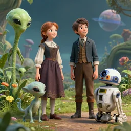 a girl and a boy standing next to some alien plants, looking happy, wearing 1850s era clothes, their small cute pet alien creature is standing nearby, their droid is watching over them, in a park on a alien planet, extremely high details, ultra realistic facial details, hyperrealistic, octane render, 8k