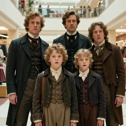 sharp, highly detailed, 8k, 65mm film, high quality frame scan from a sci fi blockbuster color movie made in 2019, a family of four time travelers from 1860 travel in time to 2019, appearing in a shopping mall, looking surprised, the family are all wearing 1860s era clothes, good lighting, in focus, cinematic still, high quality scan, in focus, 24mm f/1.4L lens, realistic faces and details, oscar winner, award winning lighting, award winning photography, ultra high definition