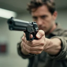 An atmospheric close up photo of A man sticking a gun in the camera, bokeh, hard grain film, masterpiece