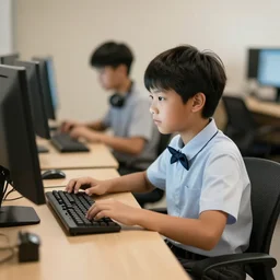 school kid sitting at a computer desk, hacking, stock photo