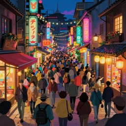 crowded street glowing lights, epic fantasy, colorfully, digital art, highly saturated colors, concept art, detailed illustration, hd, 4 k, digital art, greg rutkowski, dan mumford, studio ghibli trending on artstation