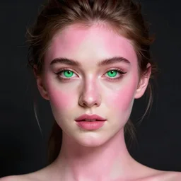 woman with pink skin and green eyes