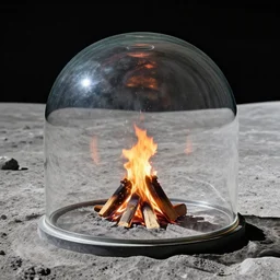large glass dome on the surface of the moon with a campfire centered inside