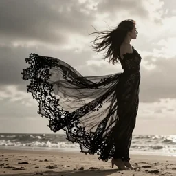 a dress made of black transparent lace flying in the wind on the beach, swirling, folding, moving, wind