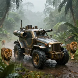 armored tractors steampunk, with cannons, rocket launcher, in a jungle valley, foggy, lions walking, in the rain, octane render, volumetric, unreal engine, depth of field