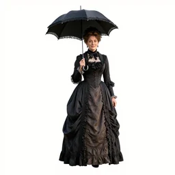 jovial victorian lady with parasol, high detail digital art, full body, standing, isolated on a pure white background, centered, whole figure in frame, sharp focus, studio lighting