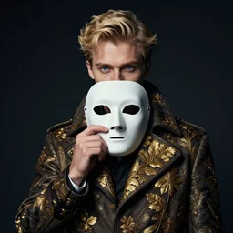 a professional studio low - key lighting high contrast photography portrait of a young blonde blue eye man in an ornate vintage coat golden leafs, taking off horror mask, highly detailed mid shot dutch angle, volumetric lighting one source, gloaming eye whites portrait, poster, 4 k, award winning, canon, photo of the year, dalle 2 reference