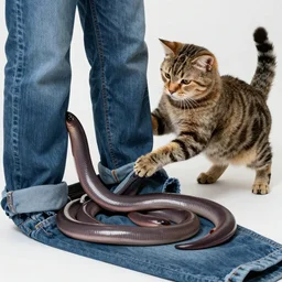 an old cat helping a large shumbling slithering mass of eels get into a pair of jeans, realistic high res 4k