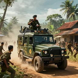 a militarized police vehicle riding through a kerala village, troops searching the area, furious action scene, an epic fantasy, dramatic lighting, cinematic, establishing shot, extremely high detail, photorealistic, cinematic lighting, tending on artstation, solarpunk, matte painting, octane render, by simon stalenhag, horizon forbidden west, aesthetic