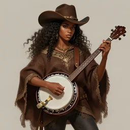 a highly detailed illustration of long curly haired african girl wearing cowboy hat and brown poncho, dramatic playing banjo pose, intricate, elegant, highly detailed, centered, digital painting, artstation, concept art, smooth, sharp focus, league of legends concept art, WLOP