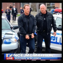 vince mcmahon in handcuffs, being lead to a police car, live news television,