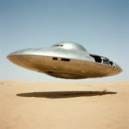 A crashed flying saucer in the desert. 1940s photograph.