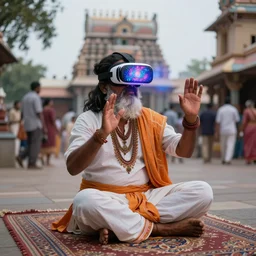 An Indian Sadhu Saadhu wearing a cyberdelic psychedelic Oculus virtual reality headset sitting on a rug in a Dravidian temple using it to project bliss and peacefulness to passerby through psionic powers