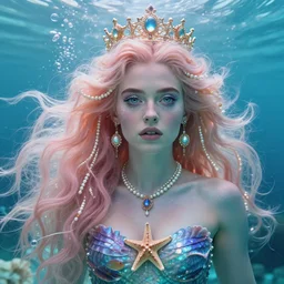 “ jodie comer portrait, fantasy, mermaid, hyperrealistic, game character, underwater, highly detailed, sharp focus, cinematic lighting, pearls, glowing hair, shells, gills, crown, water, highlights, starfish, jewelry, realistic, digital art, pastel, magic, fiction, ocean, king, colorful hair, sparkly eyes, fish, heroic, goddess, waves, bubbles, queen ”