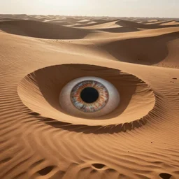 landscape photo of desert with sand in the shape of an eyeball iris and pupil
