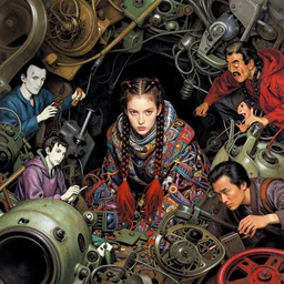 young woman hiding in a pile of scrap machines, braided hair, intricate clothing, richard avedon, martin schoeller, victor ngai, id magazine, epic scene, david cronenberg, kilian eng vibrant colours, dynamic lighting, intricate illustration, detailed, beksinski, dan mumford, artstation, greg rutkowski, sharp focus, photoreal, 8 k