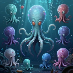 CGI lisa frank gothic punk vampiric electrifying underwater vampiric squid character designs of various shapes and sizes by genndy tartakovsky and the creators of fret nice being overseen by Jamie Hewlett from gorillaz for a splatoon game by nintendo