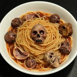 a bowl of spaghetti with various human body parts in it, horror practical effects