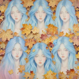 breathtaking detailed concept art painting pattern with gradient pastel colors of blue hair faces goddesses amalgamation autumn leaves, by hsiao - ron cheng and james jean, bizarre compositions, exquisite detail, 8 k