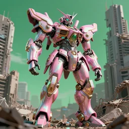 hyperrealistic 3d render highly detailed baroque mecha iridescent pink brutalist city ruins background concept art unreal engine!! santiago caruso de chirico sharp very dramatic green light 8k low angle shallow depth of field
