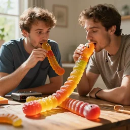 two men eating a big gummy worm, rtx, sunlight, many details, octane render, high quality, 8 k