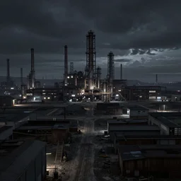 breathtaking distant desolate industrial site at night, moody, atmospheric, hyperrealism, octane render, photorealistic concept art, highly detailed