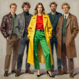 digital oil painting of beautiful woman wearing a red top, green cargo pants, long tailored yellow coat by artgerm, thomas karpi, taras susak, artstation, intricated, detailed, full body shot