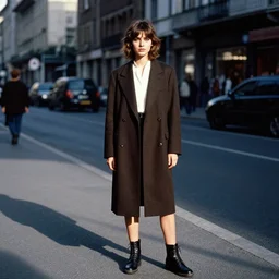 high quality realistic street photo of girl, stylish hairstyles, clothes in the style of 1 9 9 0, fashion style clothes from maison margiela and off - white ; kodak ektar, 2 0 0 iso, 3 5 mm lens, bill henson style beautiful chiaroscuro lighting, beautiful colour palette, beautiful and realistic, wide shot