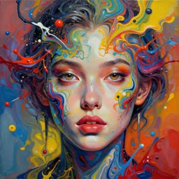 face closeup of beautiful girl in intricate detailed color smashing fluid oil paint by artstation, deviantart, artfol, artbox, cgsociety, gfxartist, artful, zatista, artpal, instagram, blendernation, frank stella, beeple, giger, kopera, zawadzki, abstract, surrealism,, hyperrealism, futurism 4 k,