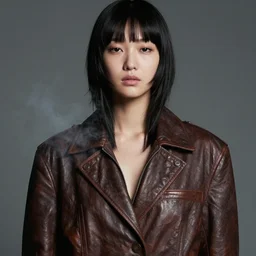 moody, youthful asian kali demure, 3 5 mm, exquisite features, feminine cut, pris mascara, 1 9 9 0's frontiers in flight leather suit, smoke, grain, misty, stephane sednaoui, id magazine photoshoot