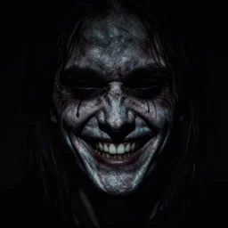 dark, high contrast horrifying photograph of deeply evil man, blank eyes and a smile
