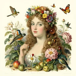 vintage illustration, bizarre compositions, a beautiful woman blended with flowers, fruits, birds and butterflies, by beto val, john james audubon, exquisite detail