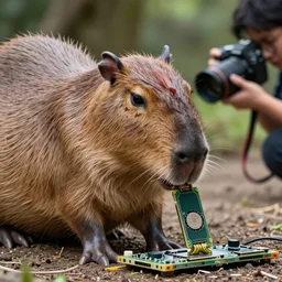 photo of capybara eating a gpu, highly detailed, high quality, nature photography, 8 k, canon 3 0 0 mm, professional photographer, 4 0 mp, lifelike, top - rated, award winning, realistic, sharp, no blur, edited, corrected, trending