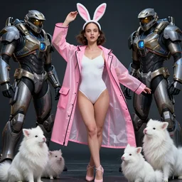 beautiful fantasy character portrait, natalie portman, wearing oversized transparent pink raincoat and white leotard, bunny ears headband, ultra realistic, wide angle, dramatic lighting, little white furry creatures, very seductive pose, mass effect artifacts, highly detailed by peter mohrbacher, aaron horkey, hajime sorayama, boris vallejo,
