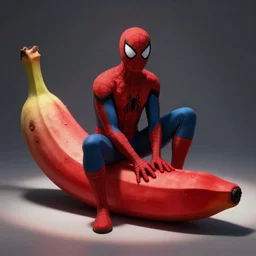 spiderman sitting on a big red banana