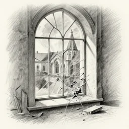 A glass window like a churches. Shattering onto the ground, pencil sketch