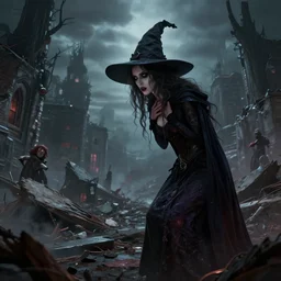 a witch regretting her actions as she sees her curse left the city in ruins, made by stanley artgerm lau, wlop, rossdraws, artstation, cgsociety, concept art, cgsociety, octane render, trending on artstation, artstationhd, artstationhq, unreal engine, 4 k, 8 k.