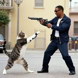 a still of the cats gunfighting from the buddy cop movie beverly hills cat 2, with eddie murphy