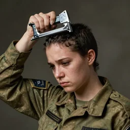 a female israeli soldier pressing a staple gun to her head and looking depressed by thomas kincade realistic, high details