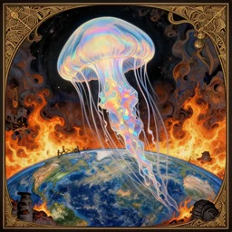 iridescent giant jellyfish phoenix soars on the earth scorched by a nuclear apocalypse. Intricate artwork by Aubrey Beardsley and dan mumford and beeple | iridescent