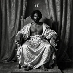 one Large black man sitting on throne wrapped in silk, background made of large folding curtains, black and white color, dimly lit, butterfly lighting, dark, hyper detailed, renaissance painting in style of carrivagio