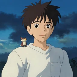 Guy with slight smile and small creature, dramatic sky behind, blue tones, made by Studio Ghibli + Makoto Shinkai,  highly detailed art, beautiful scene, artstation trending, sharp focus, smooth, artgerm
