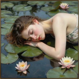 stylized portrait of an artistic pose, composition, young lady sleeping in a pond, water lilies, flowers, one single head, realistic shaded, fine details, realistic shaded lighting poster by ilya kuvshinov, magali villeneuve, artgerm, jeremy lipkin and michael garmash and rob rey