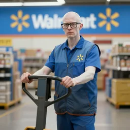 hyperrealistic mixed media portrait of a pale white walmart worker using a pallet jack, wearing a walmart vest, with square glasses, 8k octane beautifully detailed render, post-processing, extremely hyperdetailed, trending on artstation
