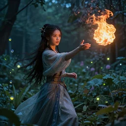 female portrait, hapa sorceress chasing will-o-wisps casting a fireball in a garden, by Ilya Kuvshinov