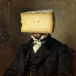 victorian oil painting of a man with a piece of cheese for a head, 4 k, high octane