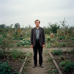 a cinematic wide - angle colored photograph of a man standing in a deserted garden by andrei tarkovsky, masterpiece, shot on large format film camera, hyper - detailed, cinematic composition, dramatic lighting, 8 k