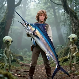 a long - shot, color cinema film still of a marlin monroe in the forest, two aliens around, misty, studio lighting ; from star wars ( 1 9 7 7 )